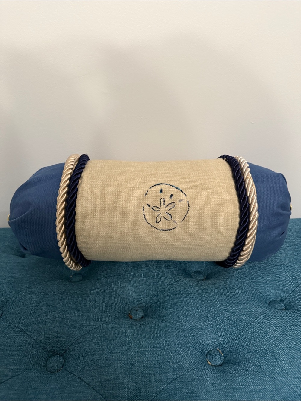 Blue and Beige Sand Dollar Motif Bolster Pillow